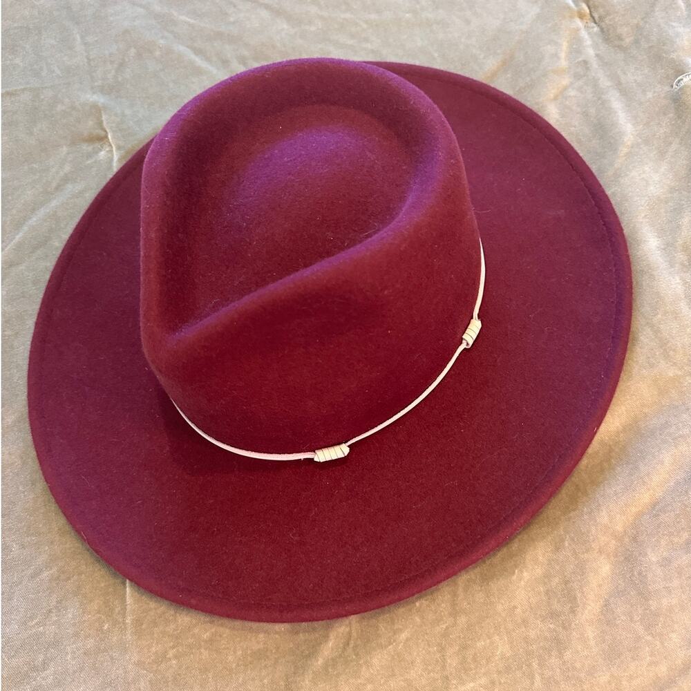 WYETH Wine Fedora Hat with White Leather Trim Accent